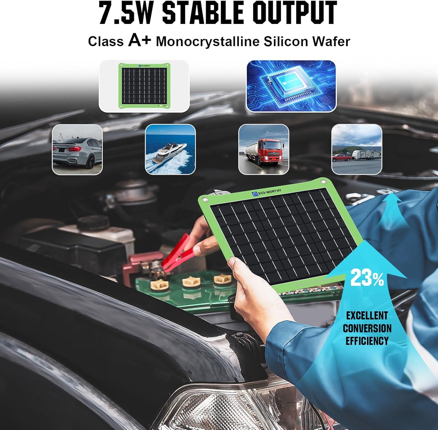 ECO-WORTHY Upgrade 7.5W Solar Car Battery Charger Maintainer 12V Waterproof Solar Panel Portable Solar Trickle Charger for Car Truck Boat Lawn Mower RV Trailer Tractor Utility Vehicle Battery