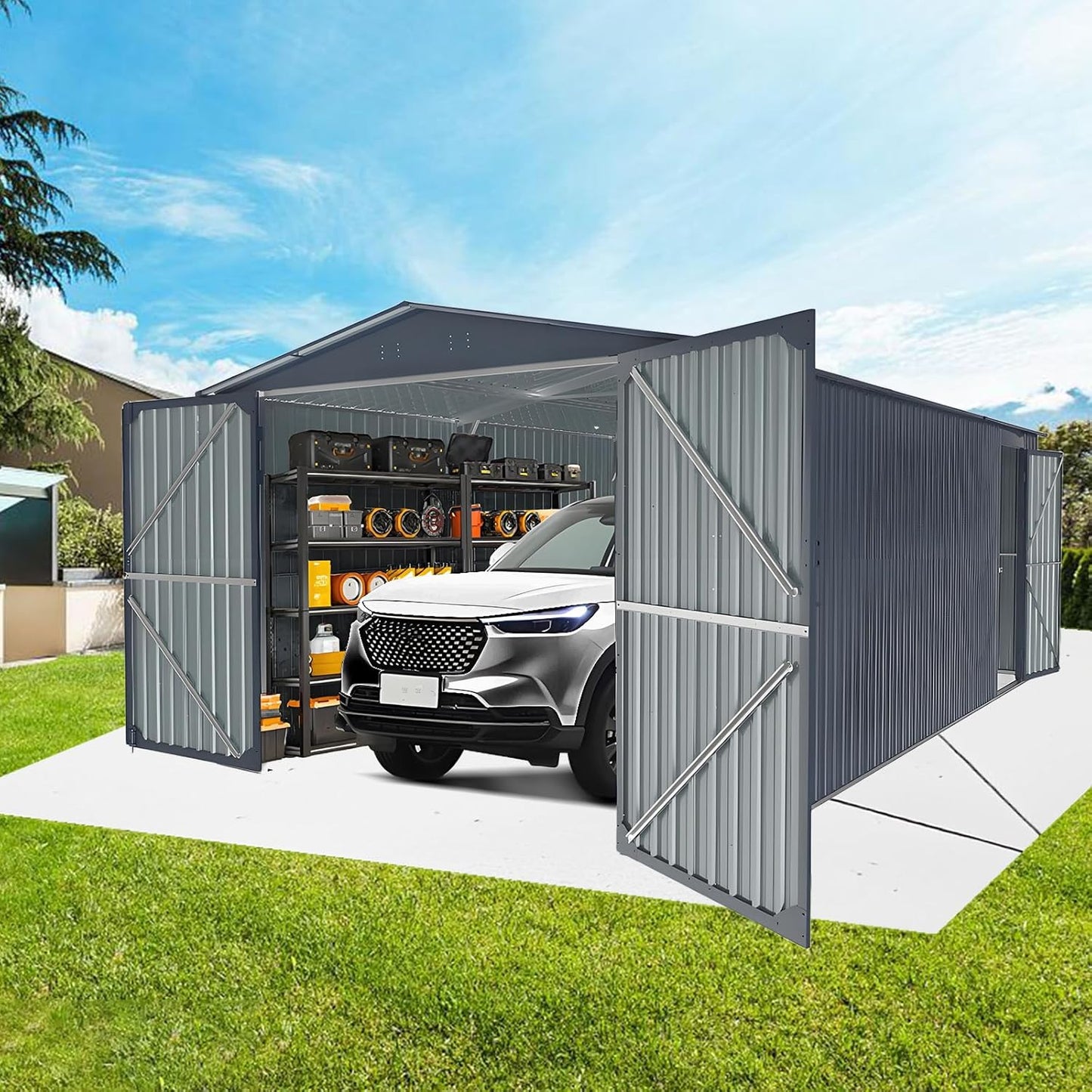 KUIKUI Metal Garage Shed Without Floor, 10x20FT Heavy Duty Outdoor Shed and Storage with 2 Doors and 4 Vents, Car Sheds Outdoor Garage