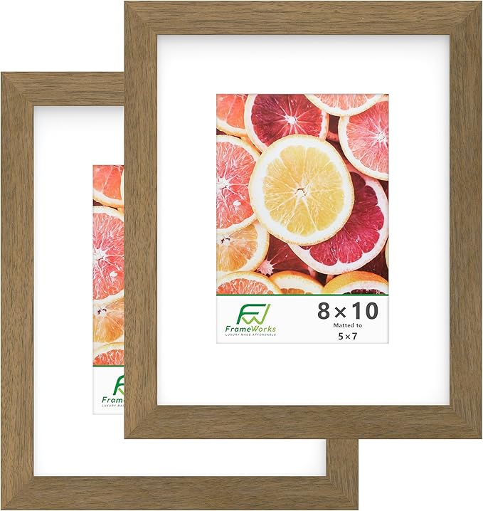 FrameWorks 2-Pack, 8x10 Matted to 5x7 Picture Frame, Dark Oak ??Classic Wooden Photo Frame with Tempered Glass, Modern Matte Finish for Prints, Posters, Certificates & Wall Decor ??Gallery-Ready