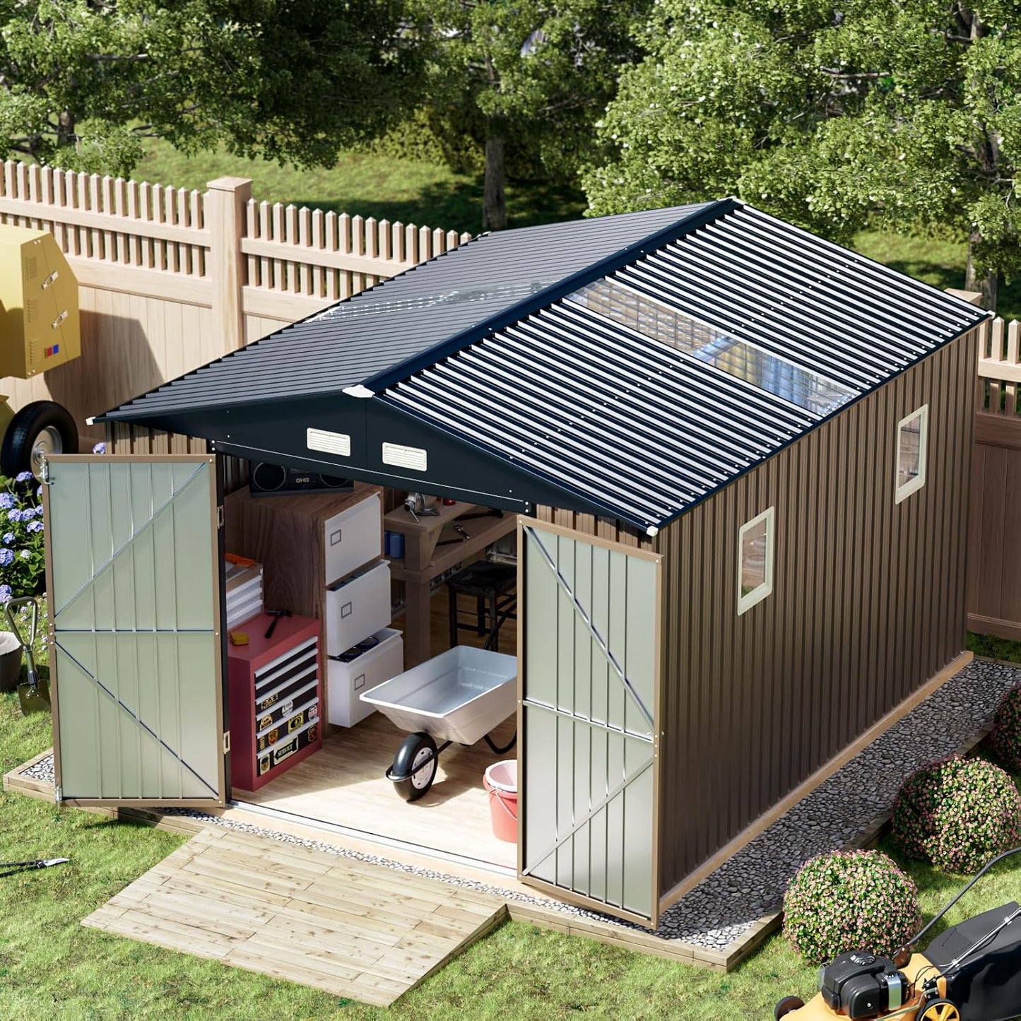Breezz Outdoor Storage Shed 10 x 12ft. Utility Tool Shed Metal Storage Garden Shed with Lockable Doors, Windows & Metal Frame Floor for Patio Storage,Brown