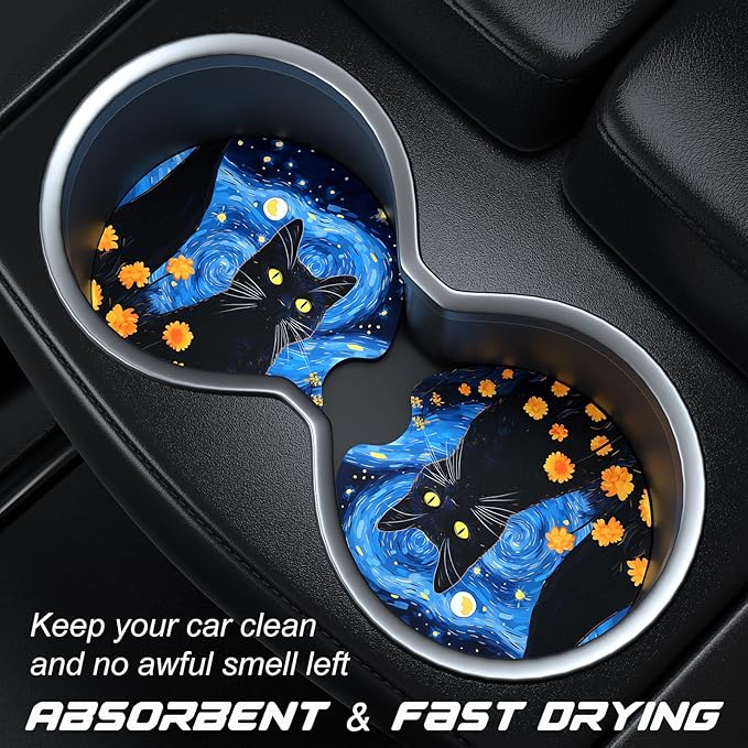 Car Cup Holder Coasters, 2 Pack Universal Auto Anti Slip Insert Coaster with A Finger Notch, Cute Car Assecories for Women Men, Cup Mat for Most Interior, Starry Sky Cat