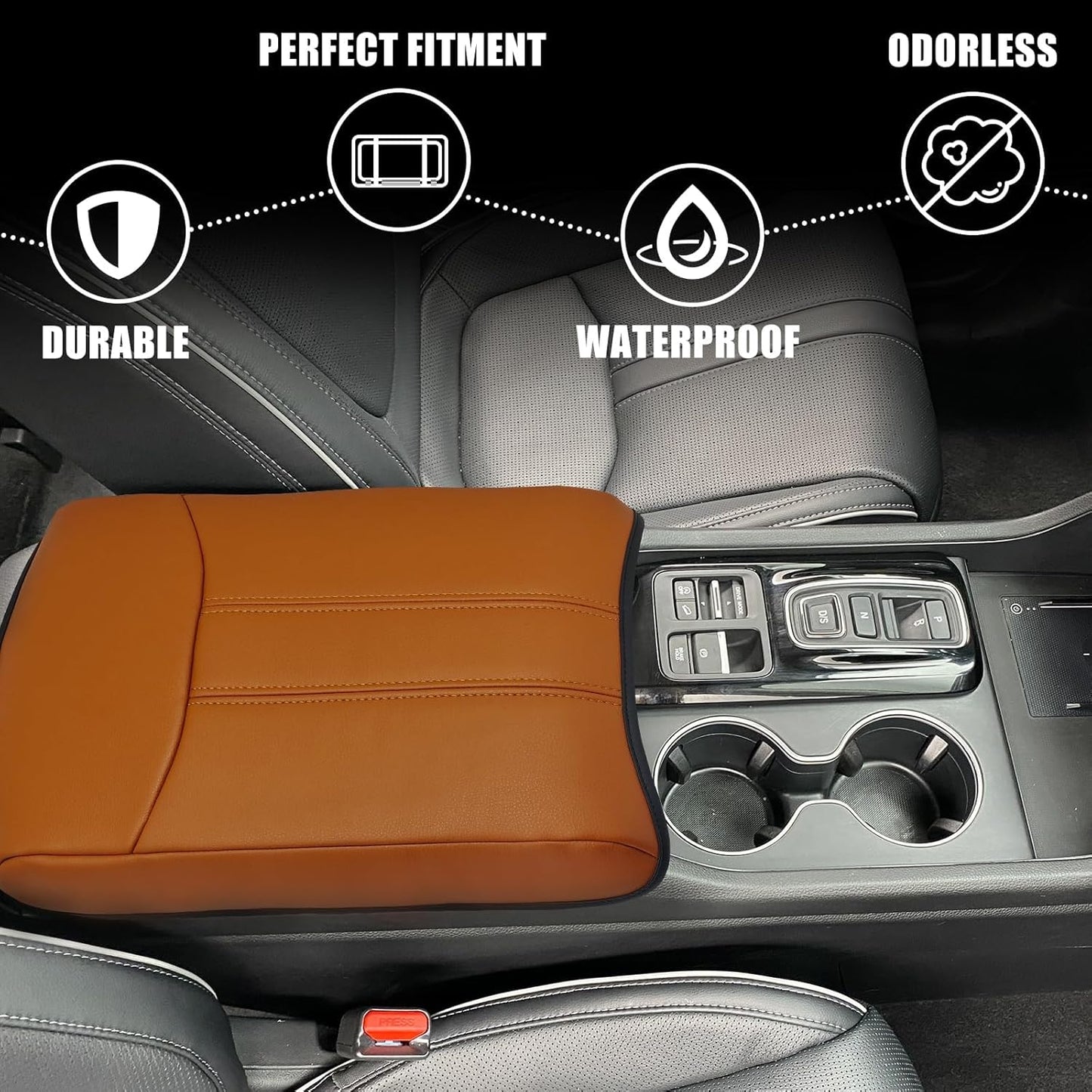 Muslogy Center Console Cover Compatible with Honda Pilot 2023 2024 2025, 2024-2026 Ridgeline/Passport Accessories Armrest Pad Lid Cushion Console Protector Vegan Leather Extra Soft(Light Brown)