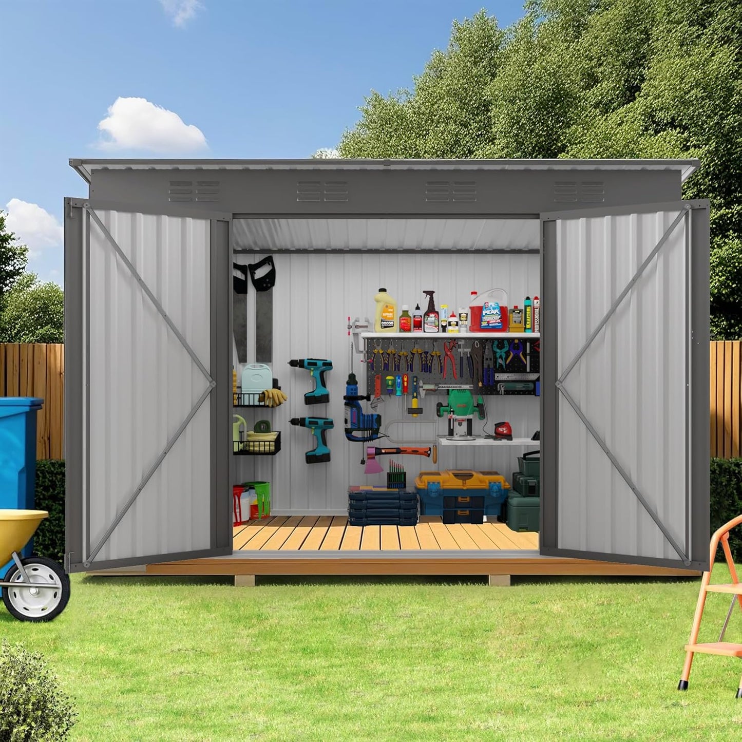 4x9 FT Outdoor Storage Shed,Metal Shed W/Window,Garden Storage Shed W/ 6 Air Vents & 2 Swing Doors,Weatherproof Tool House W/Sloped Roof,for Backyard Patio Lawn,Gray