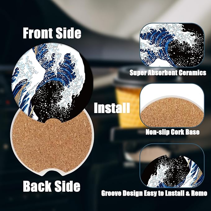 Car Cup Holder Coaster - Black Ocean Wave Absorbent Ceramic Coaster 2 Pack, Car Coasters for Cup Holders, Fashion Car Interior Accessories Drink Coaster for Women & Men