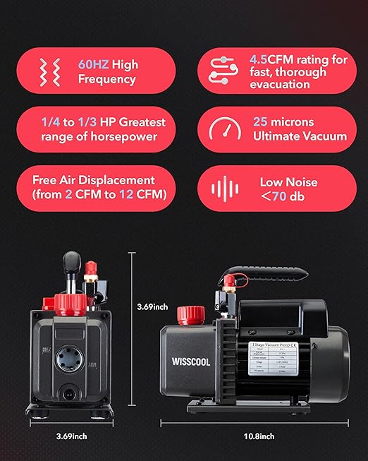 4.5cfm AC Vacuum Pump 4 Way Gauge Set, 110V 1/3 hp HVAC Air Vacuum Pump Manifold Gauge Kit with 4 Hoses Adapters Accessories Carry Bag for R410a R134a R22 Refrigeration Recharging
