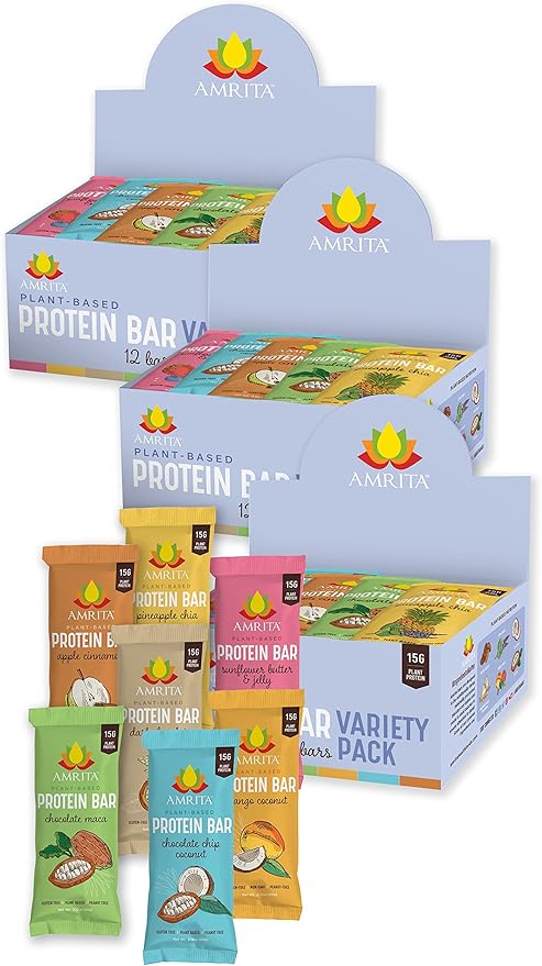Amrita Nut Free Vegan Protein Bars (12 CT PK of 3) | Variety Pack 15g Plant-Based Protein Bar | Peanut-Free, Gluten Free, and Dairy-Free | No Added Sugar, High Fiber, Healthy Snacks for Kids/Adults
