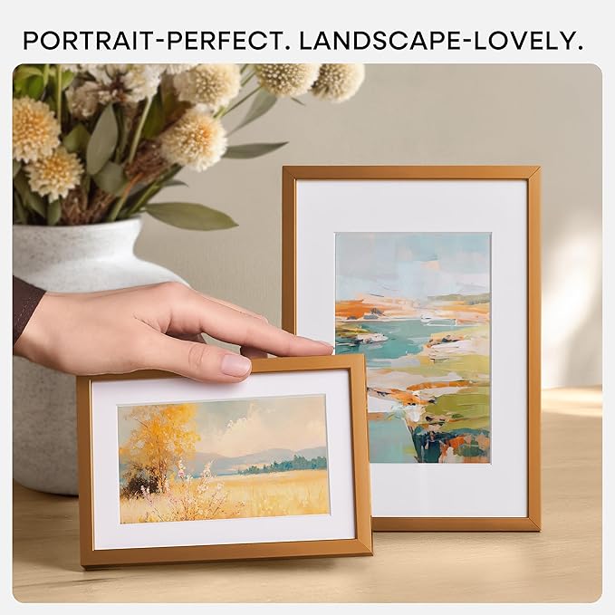 Homeforia 5x7 Picture Frame Bronze, High End Metal 5 x 7 Brass Frames with Mat 4 x 6 for Art, 5x7 Desk Frame Matted to 4x6 inch Photo, 5 by 7 Wall or Tabletop Frame, Tempered Glass, Wall Kit, Set of 1