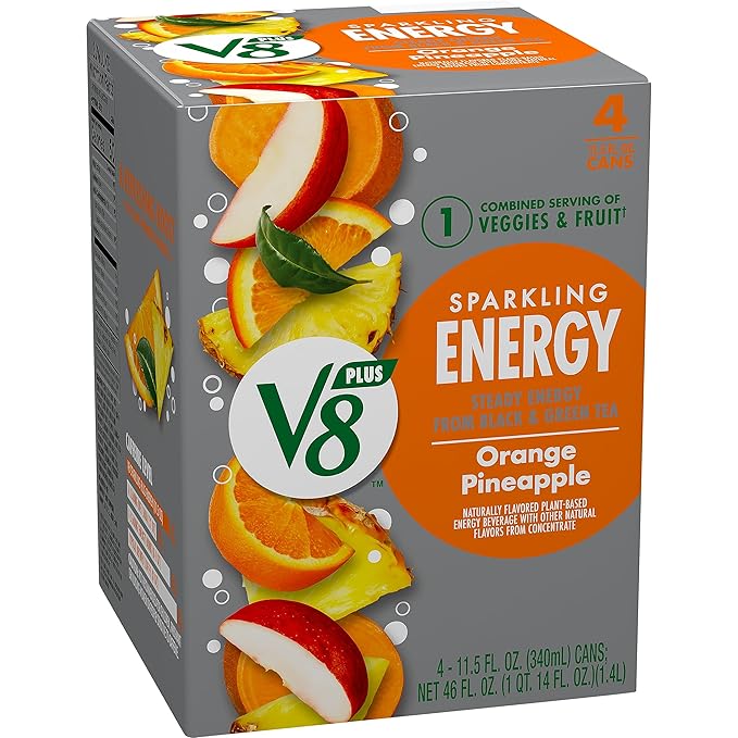 V8 +Energy Sparkling Orange Pineapple Juice Energy Drink, 11.5 fl oz Can (4 Pack)