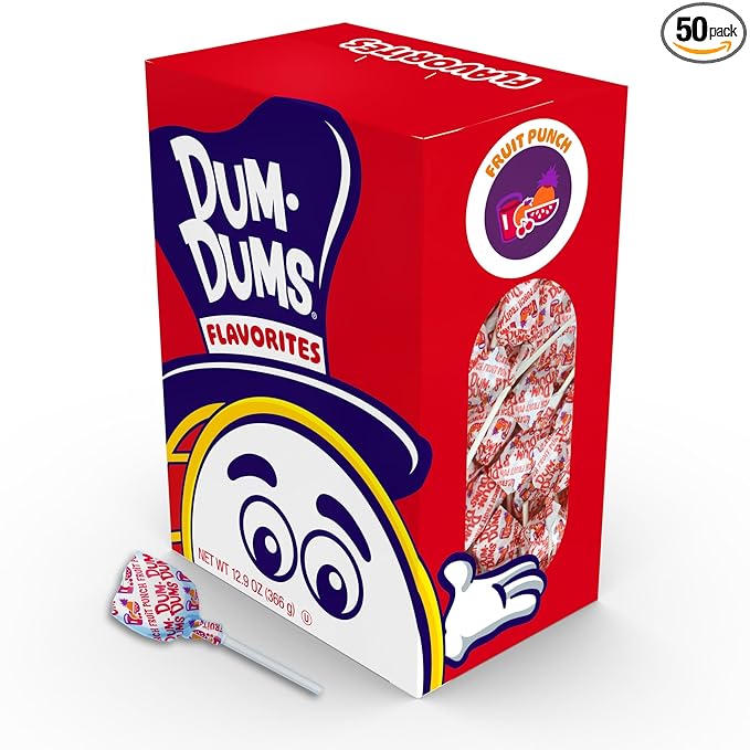 Dum Dums Fruit Punch Lollipops - Bulk Candy Bag with Lollipops Individually Wrapped, Single Flavor Gourmet Suckers - 50 Count