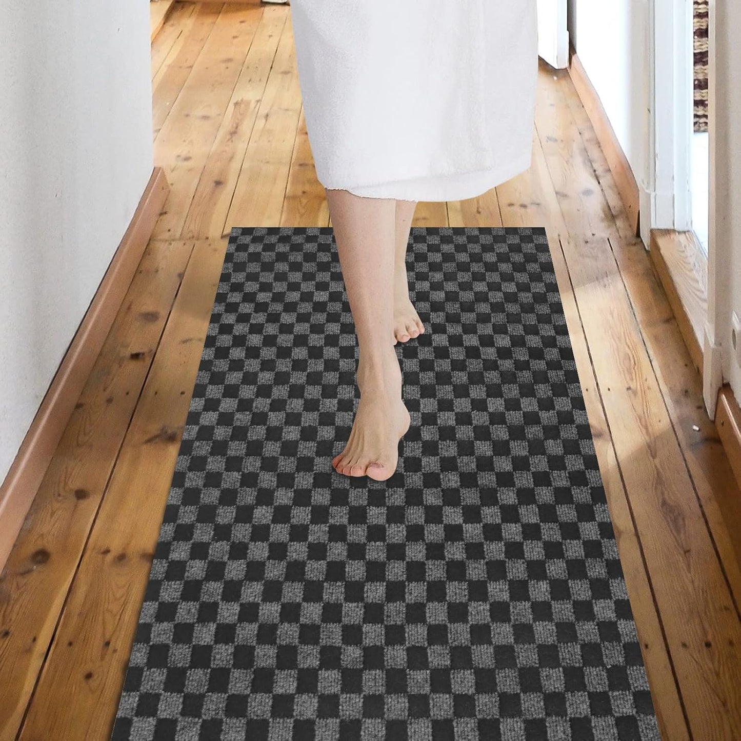 Custom Size Backed Non-Slip Area Rugs Runner, Easy Clean, Waterproof Runner Rugs for Hallway Entryway, Kitchen, Laundry, 2FT x 48FT, Gray Checkered