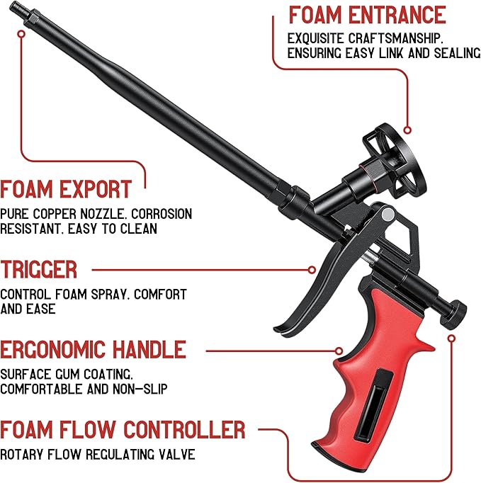 Heavy Duty Spray Foam Gun Kit – Red Insulation Foam Set with 2 Dispensing Guns 10 Nozzles Safety Glasses Removal Tools and Gloves Complete Expanding Dispensing Tool for Professional Use