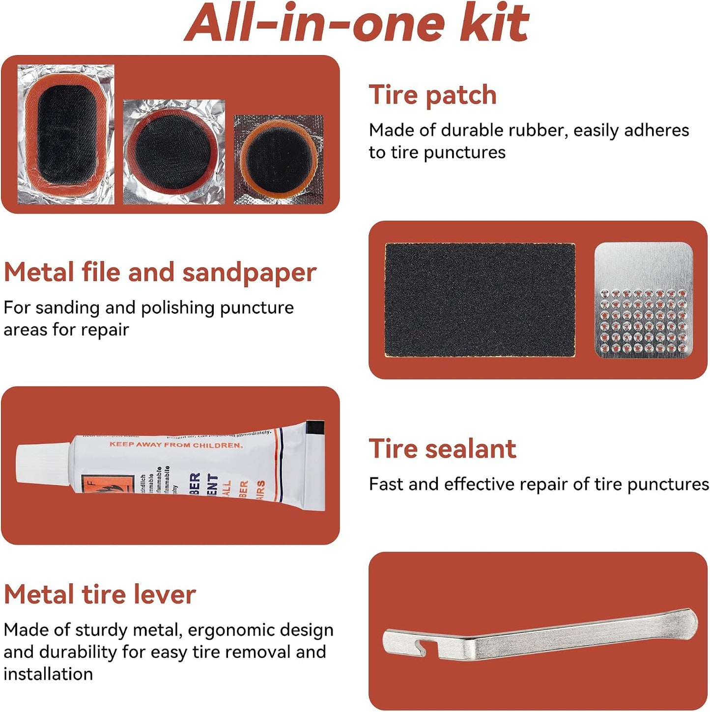 DDJ Bike Tire Repair Kit 43 PCS, Bicycle Inner Tube Puncture Patch Kits with 30 PCS Vulcanizing Parches, Metal Tire Lever & Rasp, Portable Bike Tire Patch Kit for MTB, Road Bike,Parches Para Bicicleta