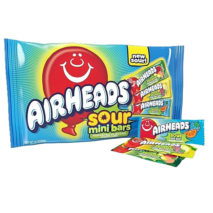 Airheads Sour Mini Halloween Trick or Treat Taffy Candy Bars, Watermelon Punch, Blue Blast & Lemon Berry Squeeze, Individually Wrapped Candy for Adults & Kids, Party Favors, 12 Oz Variety Bag