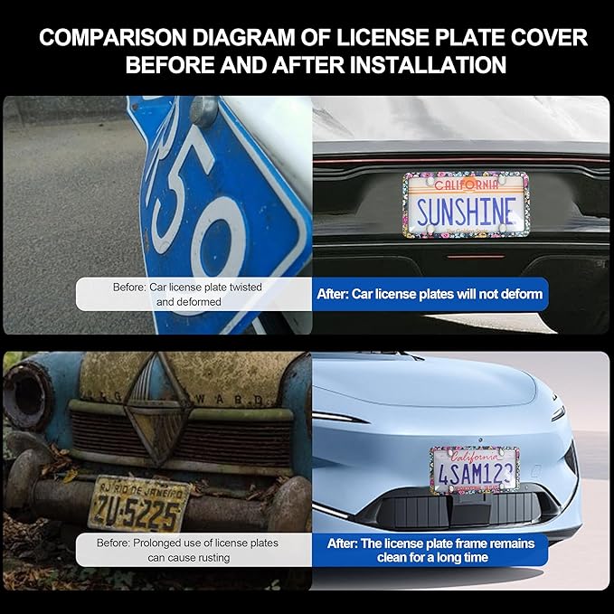 2pcs License Plate Protector Unbreakable License Plate Frames and Covers Set Front and Rear Clear License Plate Cover Beautiful Flowers License Plate Frames Fits Standard Us Plates with Screws Caps