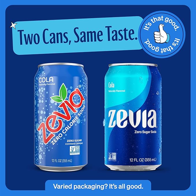 Zevia Zero Sugar Soda, Cola, 12 oz Cans (24-Pack) – Naturally Sweetened, Zero Calorie Sugar Free Soda - Non-GMO Project Verified, Gluten-Free, Vegan