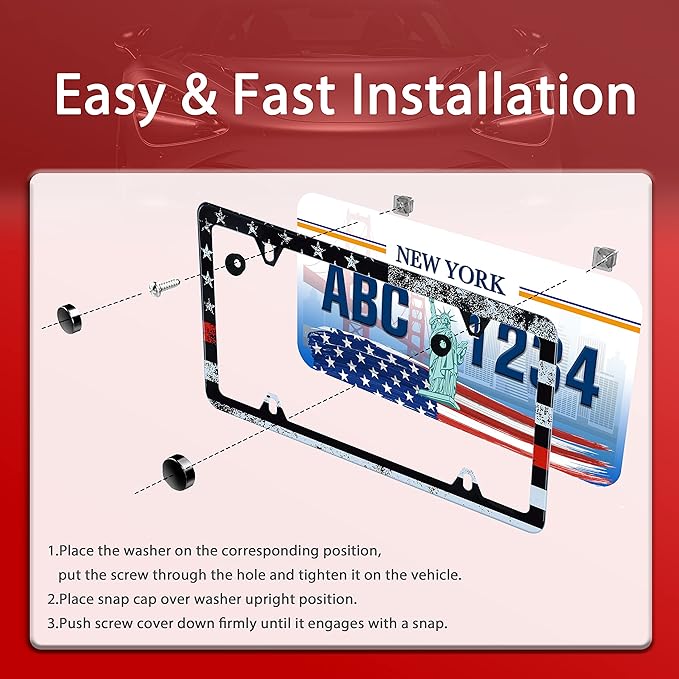 2pcs Thin Red Line American Flag License Plate Frame Firefighter License Plate Holder Retro Stainless Steel Auto Parts Decoration Fits U.S. Canadian Standard 4 Hole for Men Women