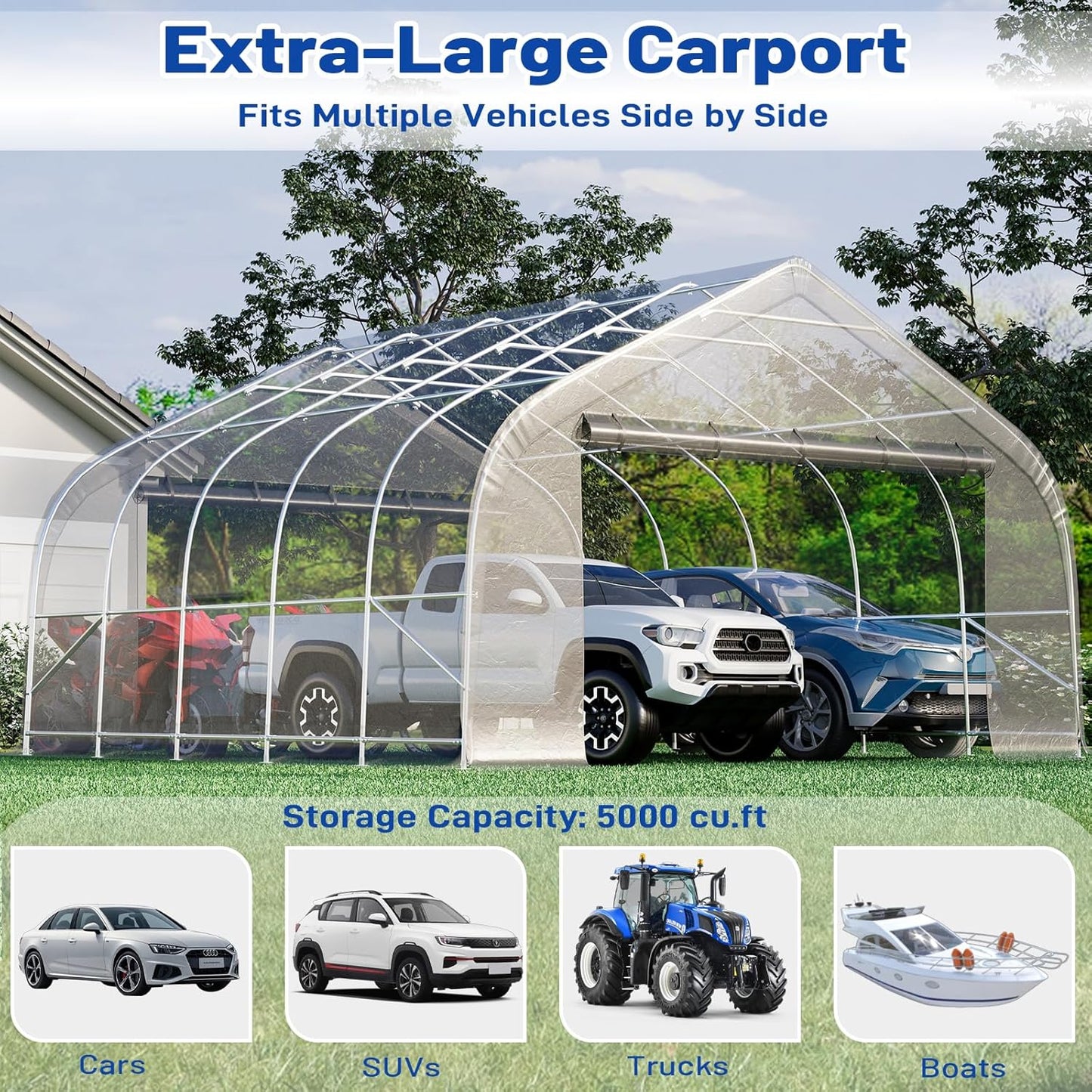 EROMMY 20x20 FT Heavy Duty Durable Carport, Galvanized Steel Frame Garage Shelter and Outdoor Storage, Waterproof 3-Layer PE Cover, Fits 2 Cars, Boat, Farm Equipment, Silver Gray