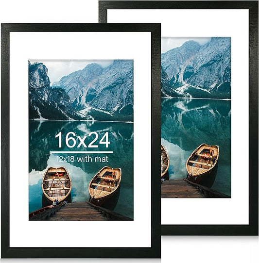 16x24 Frame Set of 2, Rustic Black Wood Style - Display 16 x 24 Picture without Mat or 12x18 Picture with Mat, Wall Mounting Horizontal and Vertical