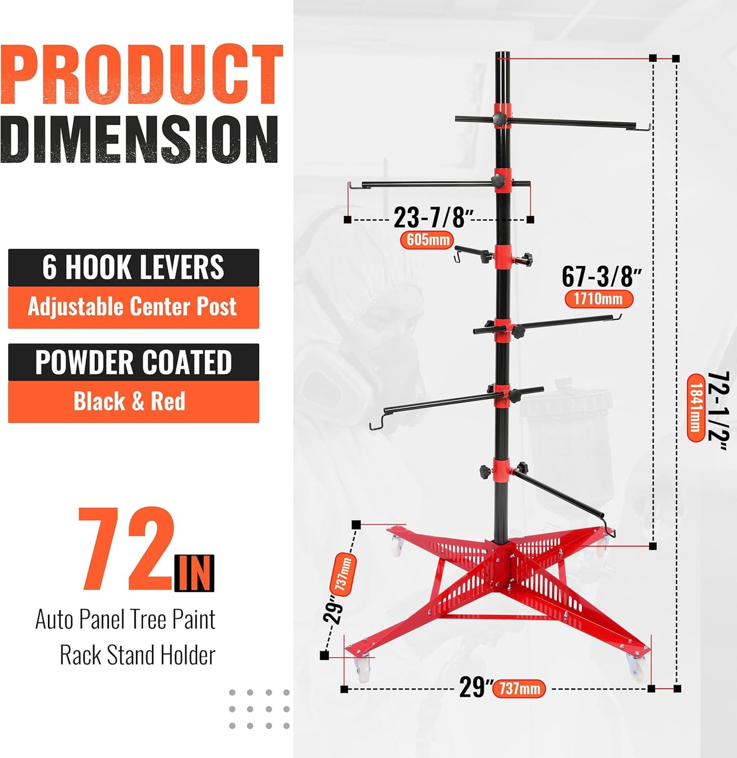 Kojem 72In Universal Auto Paint Rack Stand Tree Holder Adjustable Center Post Steel Powder Coated