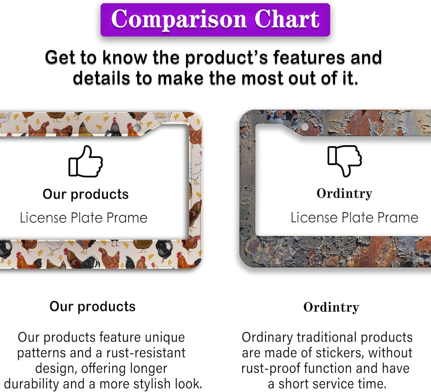 License Plate Covers for Women Multicolor License Plate Frames for Men Chicken Flower Aluminum Metal Car Accessory 2 Pack with Screw Covers Set