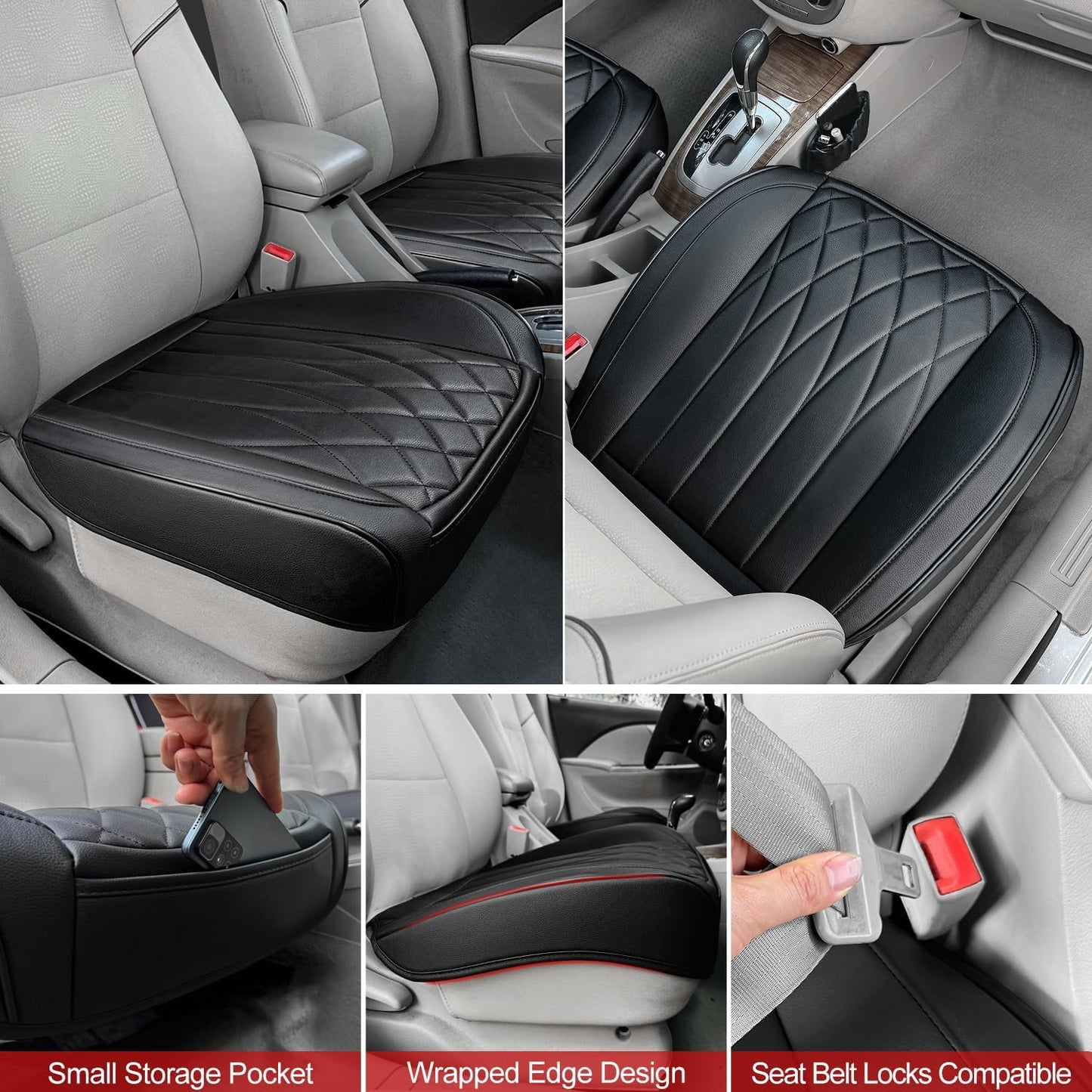 2 Pack Leather Front Car Seat Cover Bottom Car Seat, Universal Anti-Slip Driver Car Seat Protectors with Storage Pocket, Waterproof Bottom Auto Seat Cushion Pad Mat for Most Vehicles(Black)
