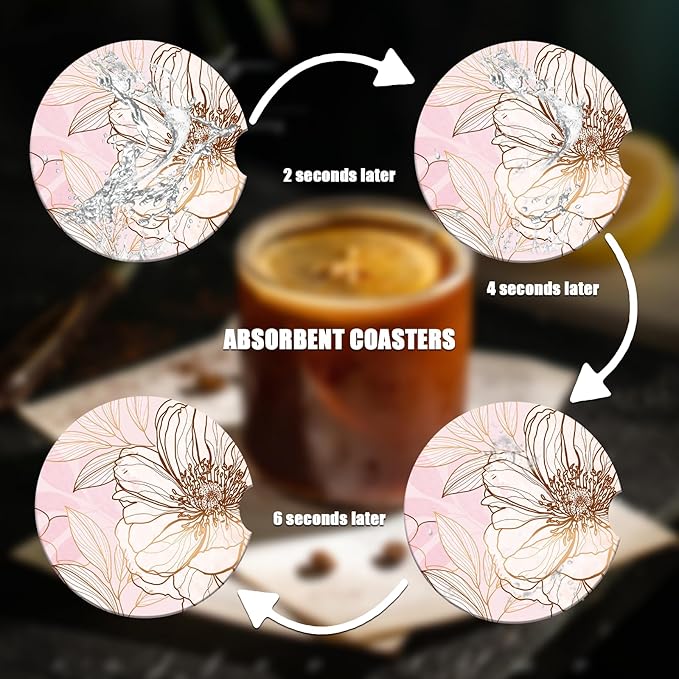 Car Cup Holder Coaster - Pink Flowers Absorbent Ceramic Coaster 2 Pack, Car Coasters for Cup Holders, Fashion Car Interior Accessories Drink Coaster for Women & Men
