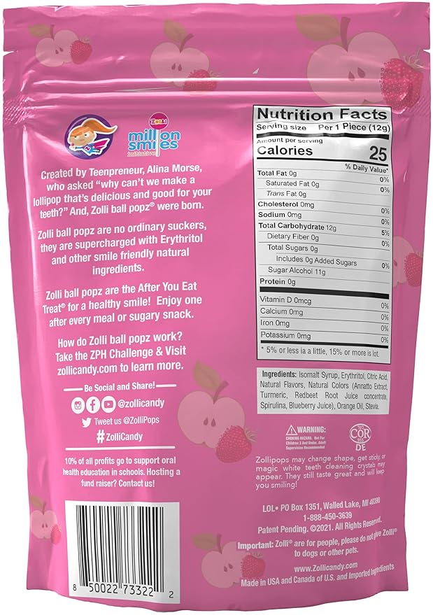 Zollipops Ball Popz Green Apple & Strawberry - Sugar-Free, Allergy-Free, Vegan, KETO Lollipops for a Flavorful and Guilt-Free Treat