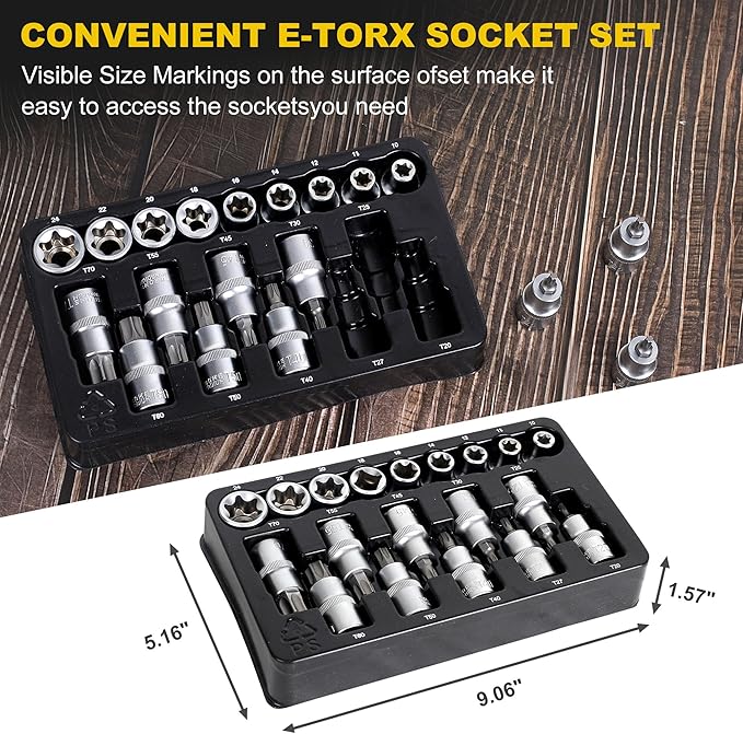 TOPLINE 19-Piece 1/2” Drive E-Torx Socket Set and Torx Bit Socket Set, with Storage case, Premium CR-V Steel, E10-E24, T20-T70, E Socket Set for Mechanic and Home Repair