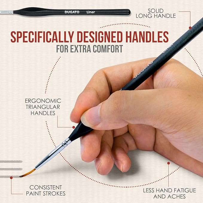 DUGATO Fine Detail Paint Brush Set - Miniature Brushes with Ergonomic Triangular Handles & Travel Case for Acrylic, Watercolor, Oil, Models & Warhammer (8pcs Detailing Paint Brush - Black)