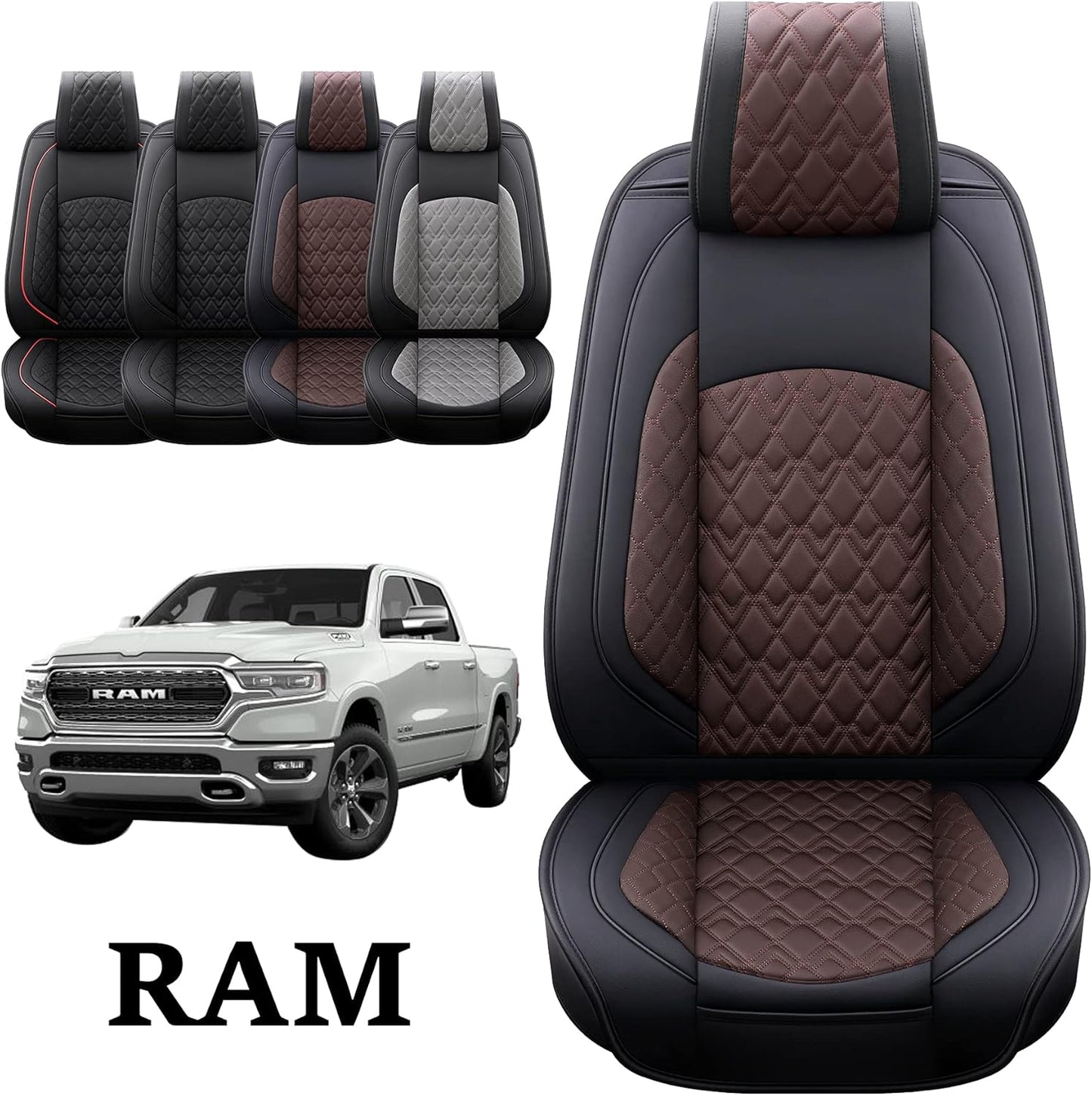 JOJOBAY Car Seat Covers for Dodge Ram 2 Pcs Front,Fit Ram 2009-2025 1500/2500/3500 Pick-up Truck,Crew,Regular,Quad,Mega Cab,Waterproof Leather Seat Covers Protectors（2PCS Front,Black-Brown）