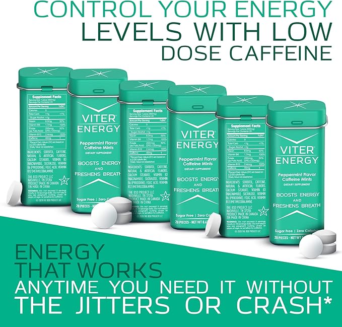 Viter Energy 40mg Caffeine Mints - Sugar Free, B Vitamins, Vegan, Boosts Fast Energized Alert Focus, Caffeinated Nootropic Supplement Pills (Peppermint Flavor, 20pcs, 6 Pack, 120pcs Total)