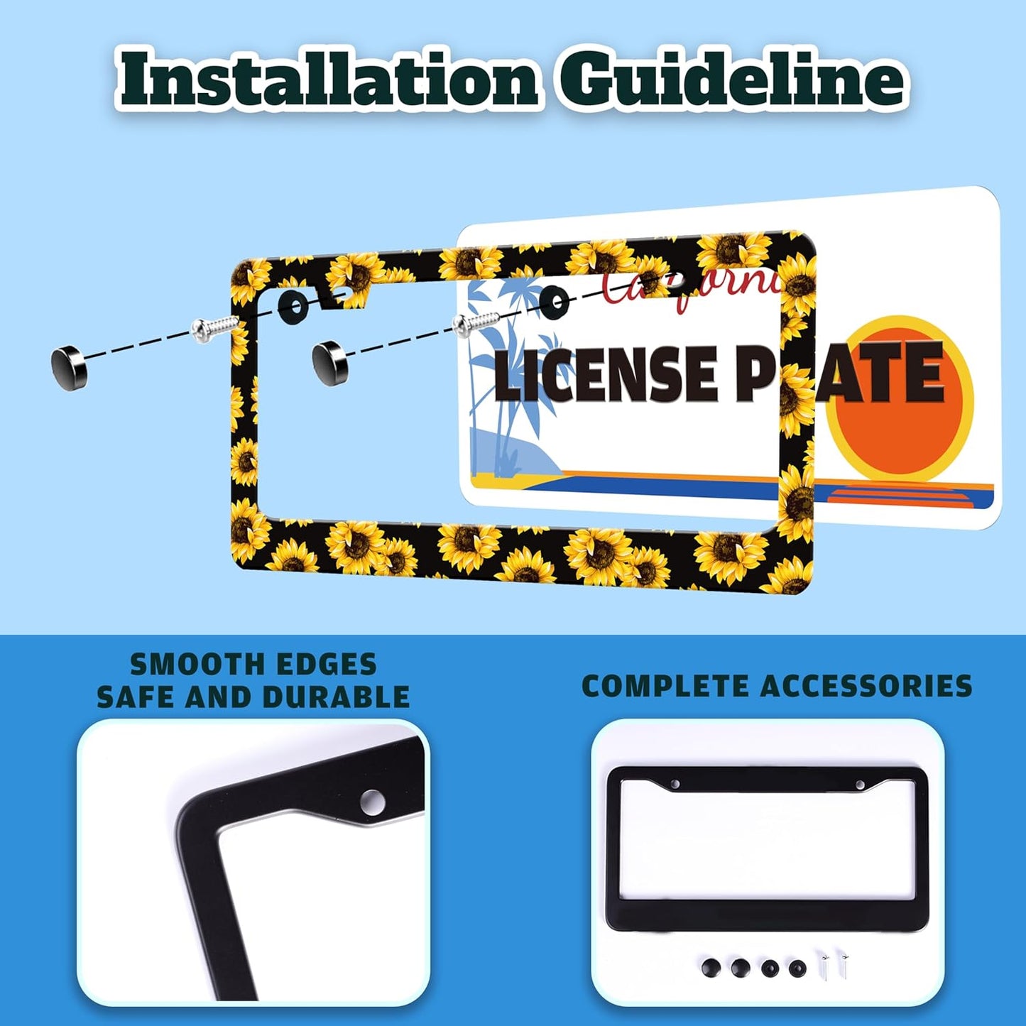 Sunflowers License Plate Frame Yellow Flowers Stainless Steel License Plate Holder for Front or Rear Car Tags Funny for Car Decoration Accessories with Screws 6.3 X 12.2 in for Women Men