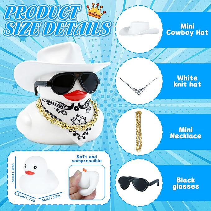 BOZILY White Cowboy Hat Rubber Duck, Cute Car Dashboard Decoration Duck with White Cowboy Hat, Sunglasses, Gold Necklace & White Bib, Squeaky Silicone Ornament for Car Interior Home Office