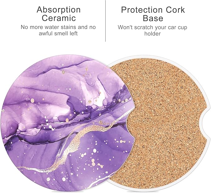 Car Cup Holder Coaster, Car Coasters for Cup Holders, 4 Pack Universal Anti Slip Insert Absorbent Ceramic Auto Interior Accessories with A Finger Notch & Cork Base, Purple Marble