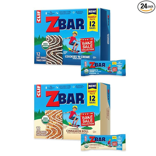 Zbar - Bake Sale Collection - Cookies 'N Creme and Cinnamon Roll Flavor - Soft Baked Snack Bars Variety Pack - Non-GMO - Whole Grains - USDA Organic Granola Bars, School Snacks (24 Pack)