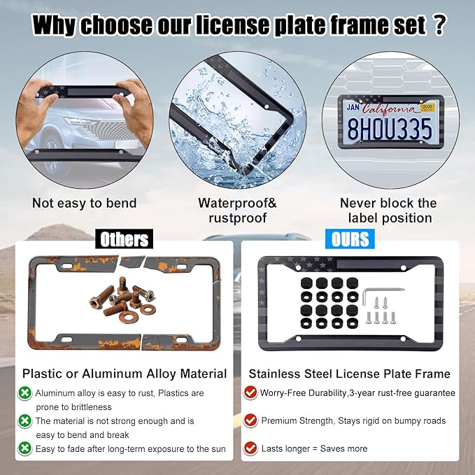 American Flag License Plate Frames Holder - 2 Pack Stainless Steel Rustproof USA Patriotic Car Tag Cover Holder with Free Screws Accessories + Metal Stickers & Keychain & Cup Holder Mats, Black Gray