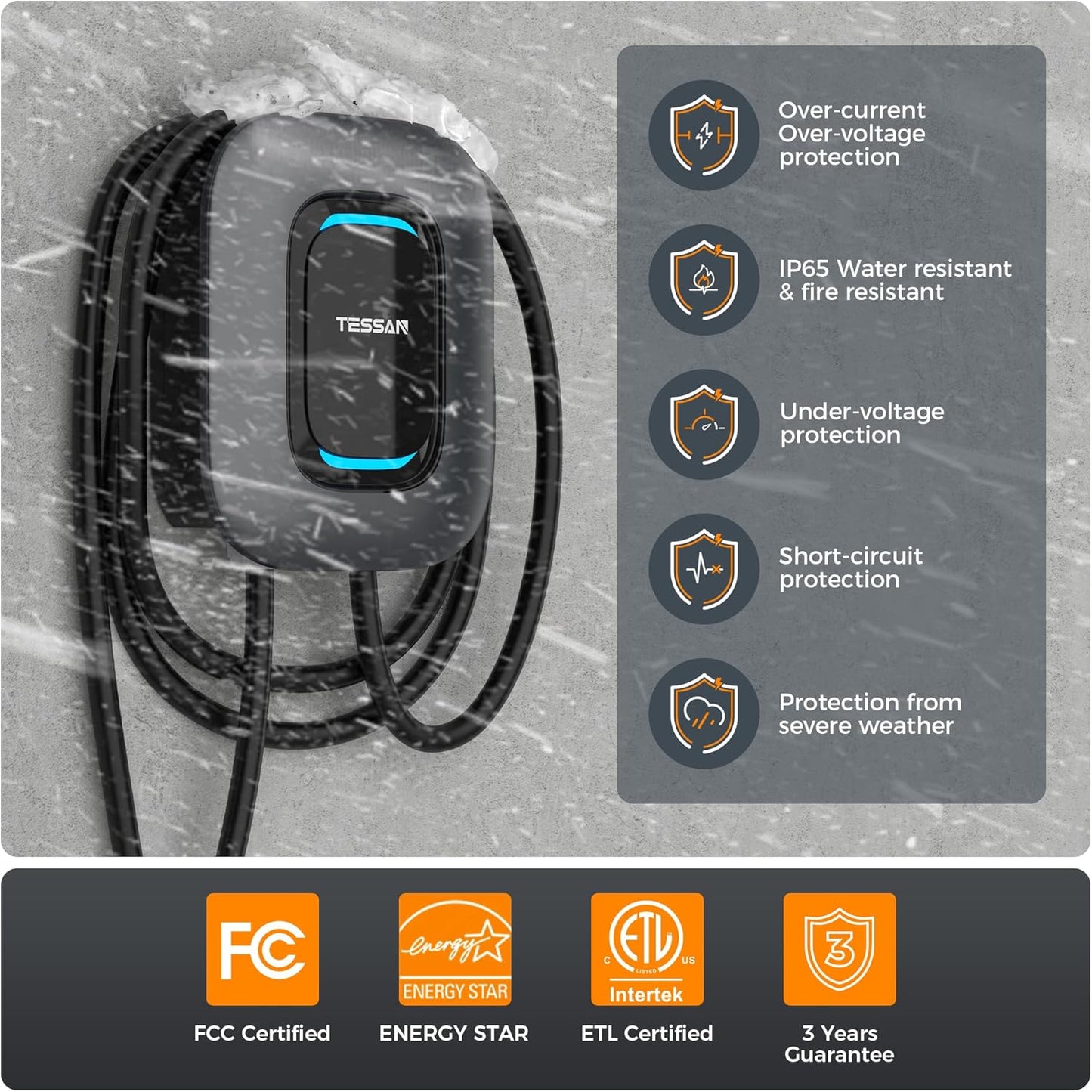 EV Charger Level 2, TESSAN 40A/240V Electric Vehicle Fast Charging Station for Home, Electric Car Charger Equipment 25ft Cable with Holder for Indoor, Outdoor, NEMA 14-50 Plug