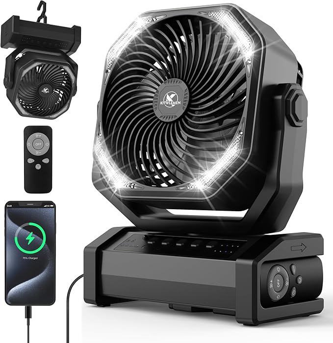 KITWLEMEN Camping Fan with Light - 20000mAh Rechargeable Battery Fan, 60Hrs Max Run Time, 4 Speeds, Timer, Auto Oscillation, 270° Pivot & Hook for Camping, Power Outage, Hurricane