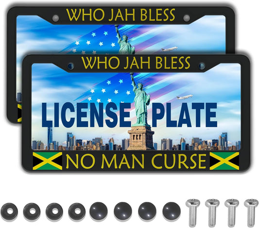 License Plate Holder Black, Yellow, Green License Plate Frames Who Jah Bless No Man Curse Aluminum Metal Car Accessory 2 Pack with Screw Covers Set