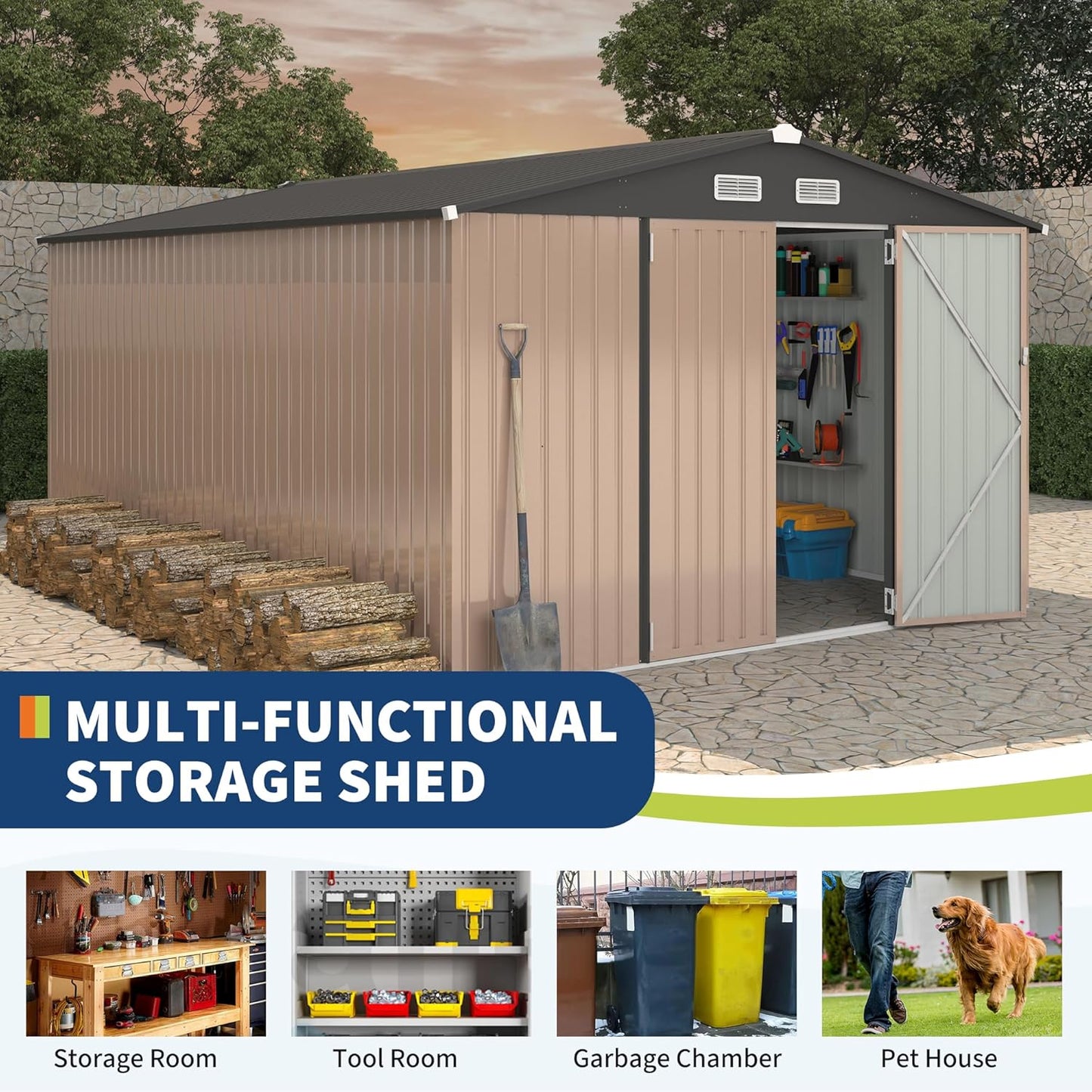 10x14 FT Metal Storage Sheds Outdoor, Metal Yard Sheds Garden Shed Kit, Metals Tool Shed with Lockable Door, Metals UtilityShed Buildings with Air Vent for Backyard Garden Patio Lawn