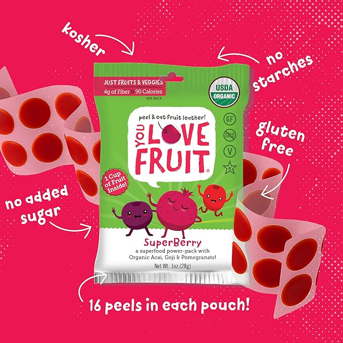 YOU LOVE FRUIT – SUPERBERRY All Natural Fruit Snacks, Healthy Snack Pack, Real Fruit! Gluten Free, Non GMO, Vegan, Fiber packed, Low Fat, Kosher, Variety Pack, Great For Adding To Gift Box, 1.0 oz (Pack of 12)