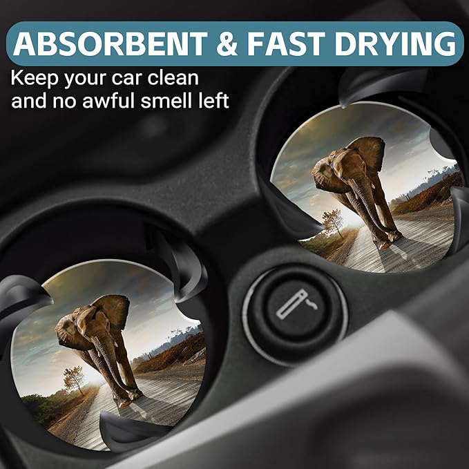 Walking Elephant Car Cup Holder Coaster, Car Coasters for Cup Holder, 2 Pack Natural Animal Landscapes Anti-Slip Absorbent Ceramic Car Cup Coasters for Women Men with Finger Notch Cork Base 2.56"