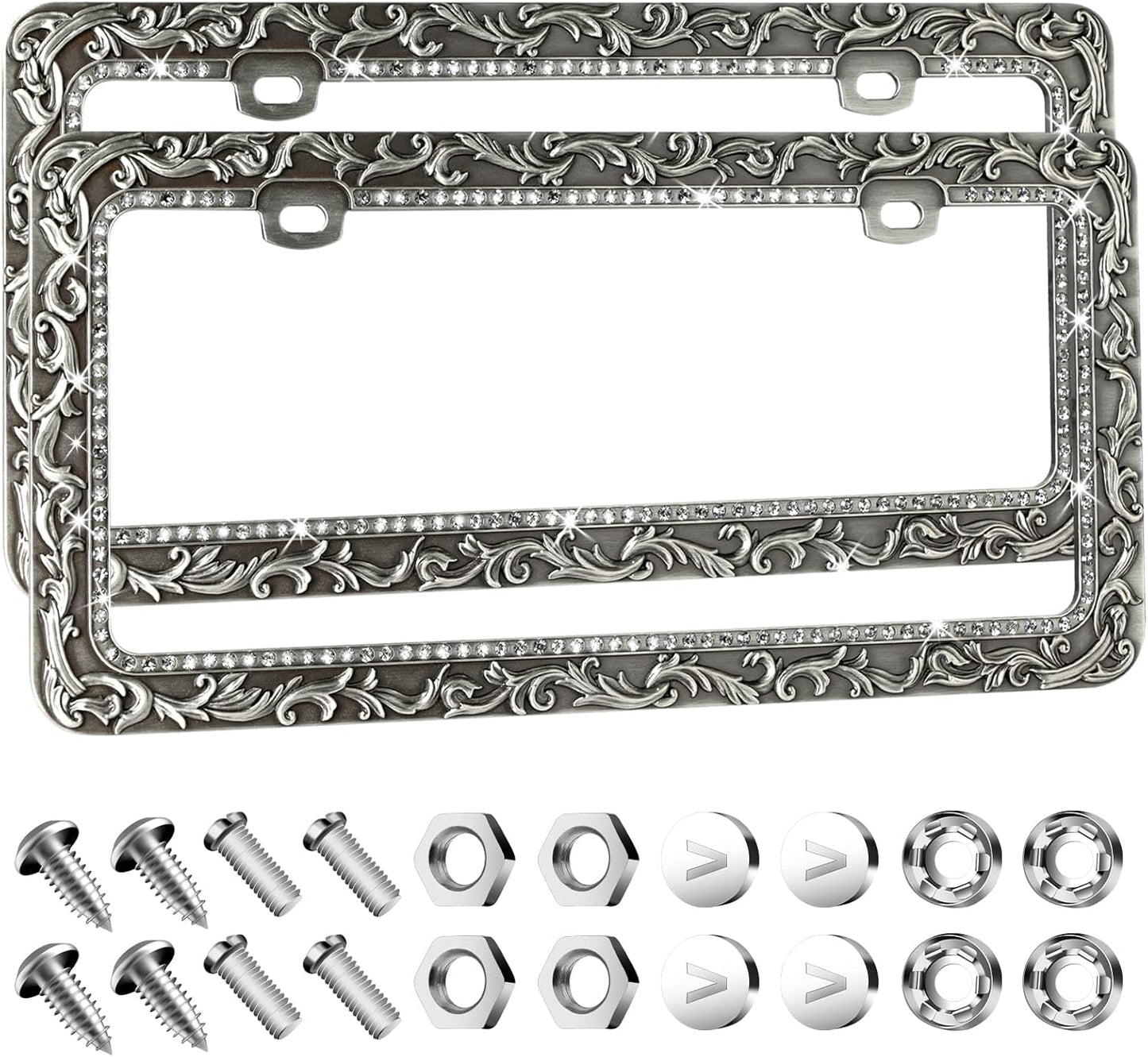 Valor Metal Car License Plate Frames,Antique Old Pattern Printing, Bling Crystal Rhinestones Inlaid,Universal 2 Holes Automotive Replacement Parts Plate Holder(2 Pack)