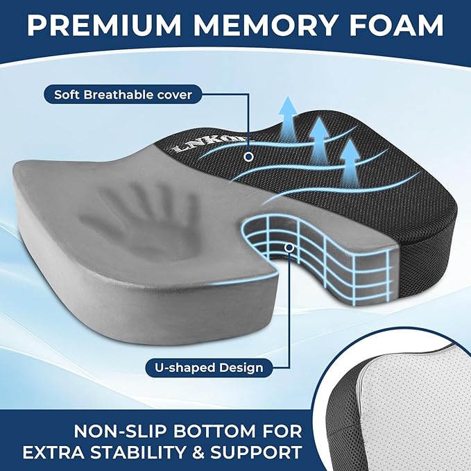 LNKOE Seat Cushion Memory Foam Cushion for Office Chair, Car Seat, Airplane, Bleacher - Sciatica & Hip & Coccyx Pain Relief Desk Chair Cushion for Long Sitting Office Workers, Car Drivers