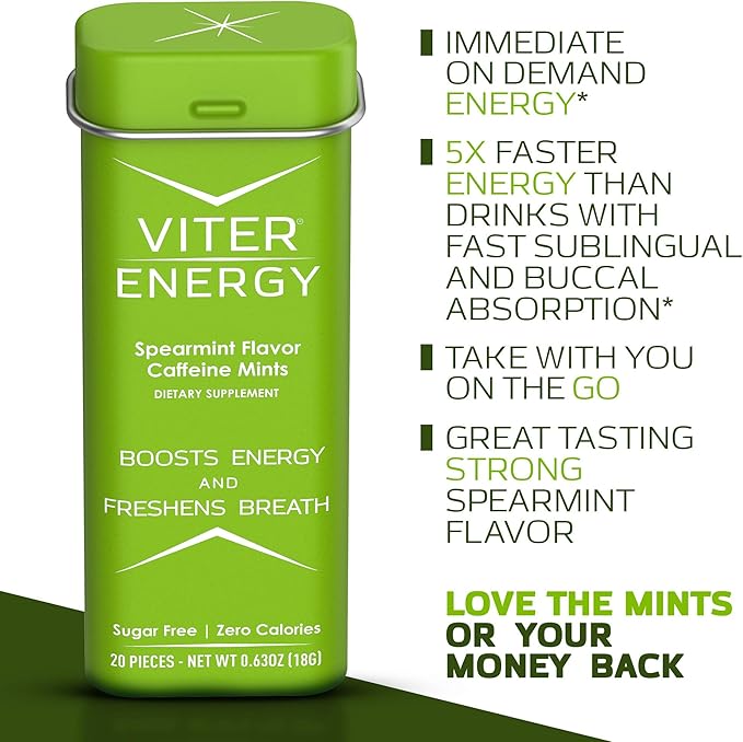 Viter Energy 40mg Caffeine Mints - Sugar Free, B Vitamins, Vegan, Boosts Fast Energized Alert Focus, Caffeinated Nootropic Supplement Pills (Spearmint Flavor, 20pcs, 6 Pack, 120pcs Total)