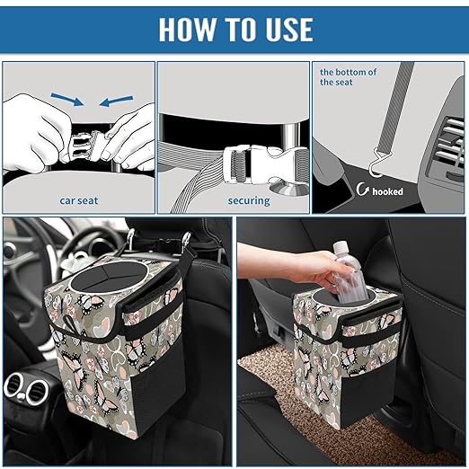 Car Trash Can Butterfly Auto Garbage Bag Car Trash Can with Lid Leak-Proof Car Storage Bag Auto Garbage Bag Hanging for Headrest Collapsible and Portable with Storage Mesh Pocket