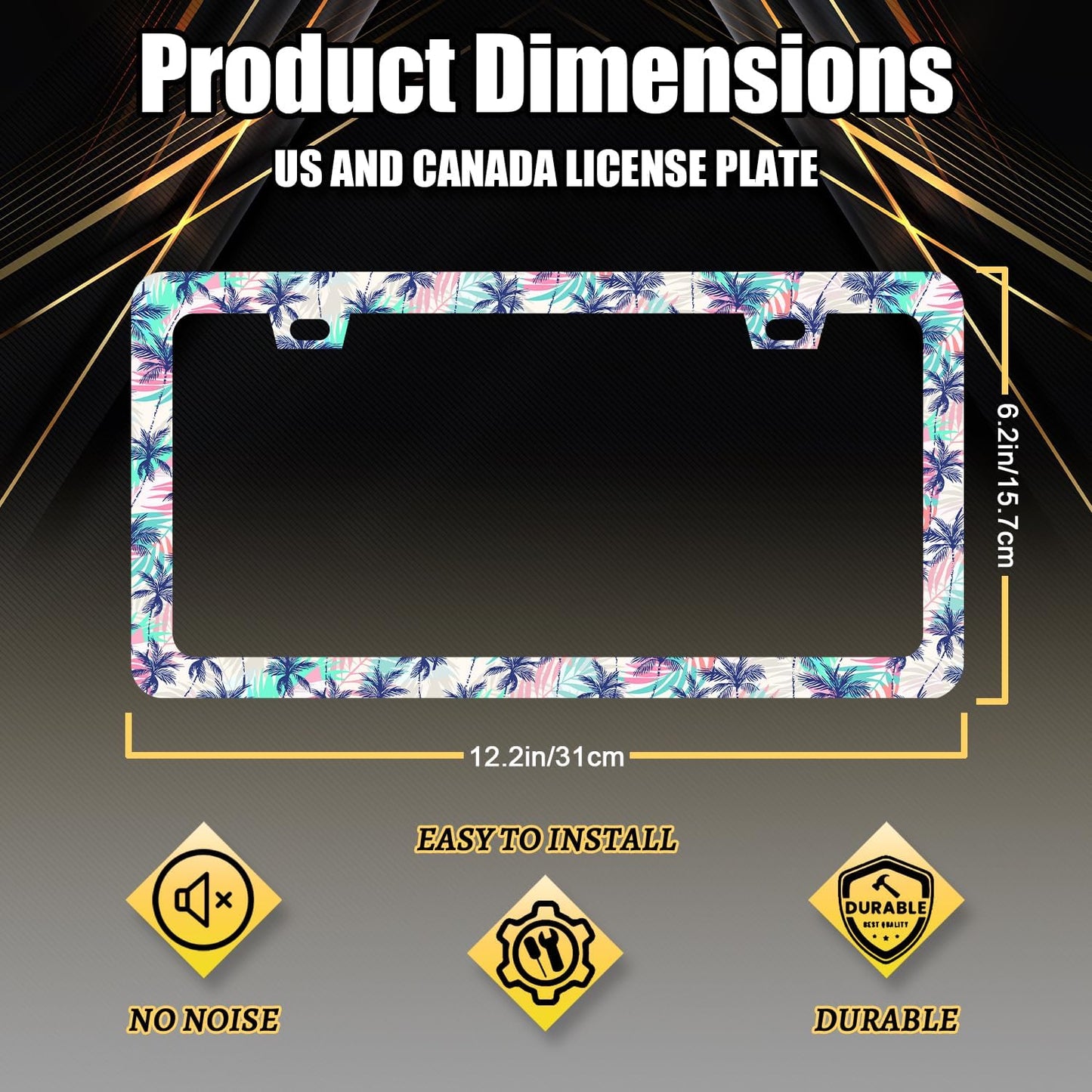 Plam Trees License Plate Frame Hawaii Tropical Leaves License Plate Holder Funny License Plate for Car Decoration Stainless Steel Colorful Auto Parts with Screws for Men Women 12.3" x 6.3"