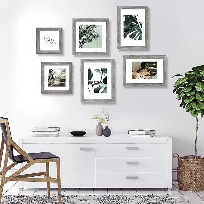 6x6 Picture Frame Set of 4, Made of Glass and Grey Wooden Frame - Display Picture 4x4 with Mat or 6 x 6 Without Mat, 6x6 Photo for Wall or Tabletop