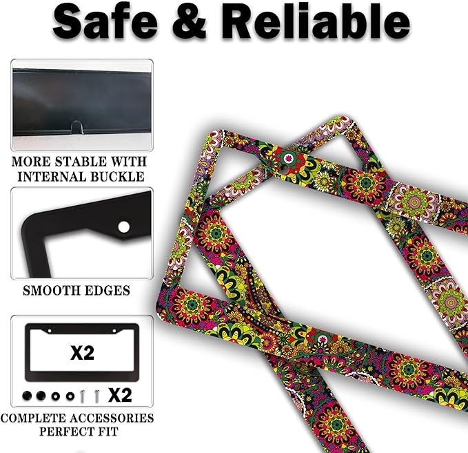 License Plate Frames Multicolor License Plate Frame Hippie Boho Floral Bright Color Folk Daisy Flower Universal Aluminum Car Accessory 2 Pack with Screw Covers Set