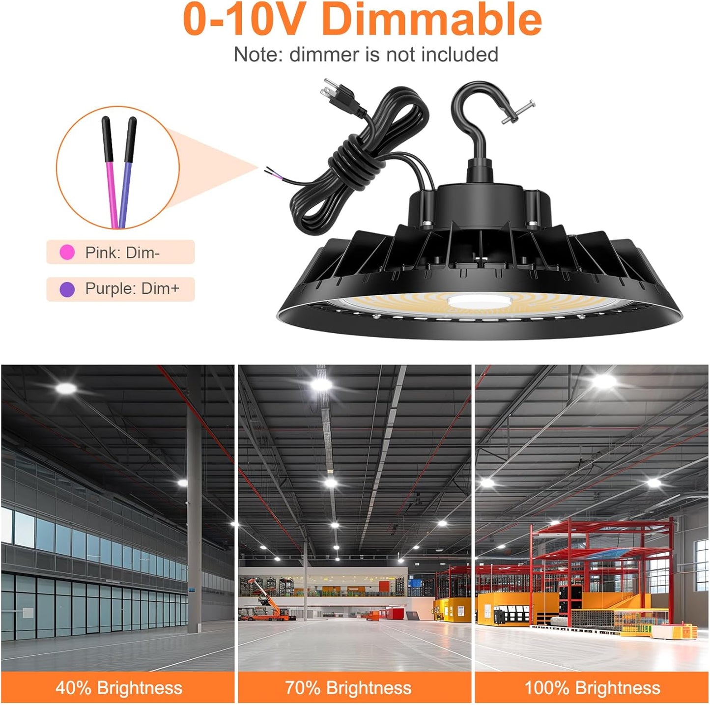 LED High Bay Lights, Super Bright 200W UFO High Bay LED Shop Lights, 30000LM 5000K, 0-10V Dimmable, 5' Cable Plug, IP65 Waterproof, ETL Listed Plug & Play Lighting High Bay for Gym Factory Warehouse